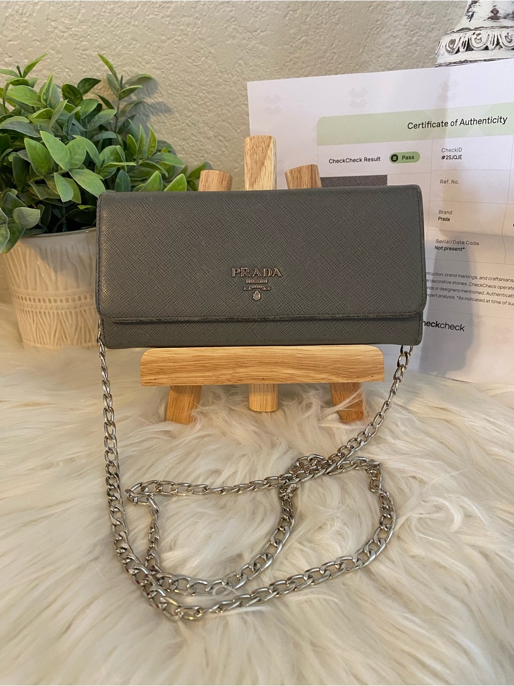 Prada Gray Saffiano Crossbody Wallet with Silver Chain & COA
